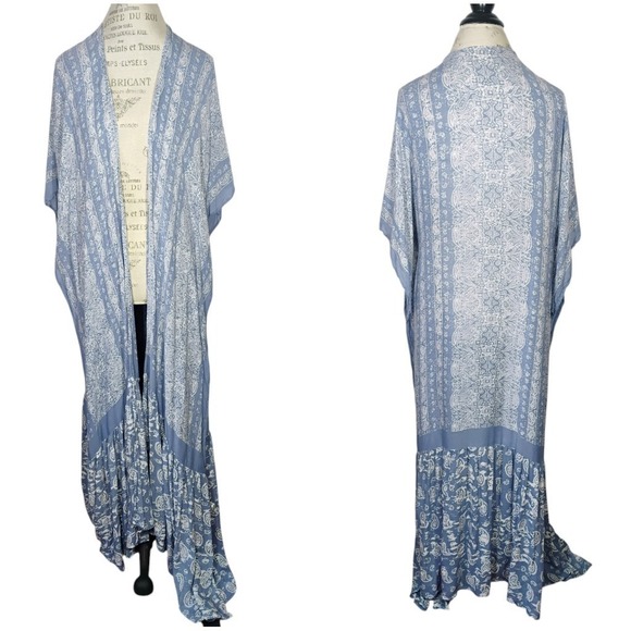 Three Bird Nest Paisley Tapestry Free Flow Duster Kimono One Size Blue Bohemian - Picture 3 of 14
